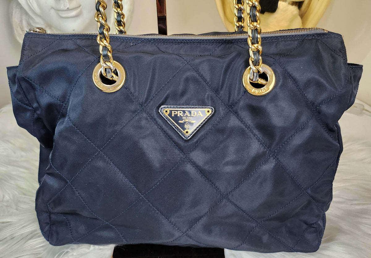 PRELOVED Prada Navy Blue Nylon Quilted Chain Tote Bag – All Week Sale