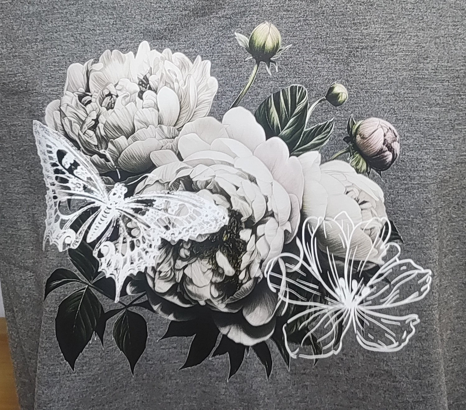 Flowers and a Butterfly Graphic Cotton Tee (Large)