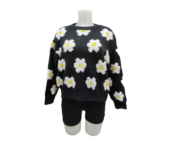 Preloved Pullover Color Black with Printed Flowers